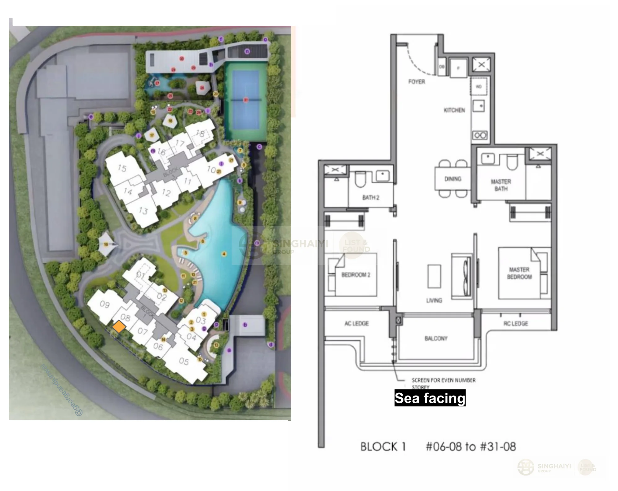 2 Bedroom floor plan — Stack 08, Block 1, sea-facing, units #06-08 to #31-08 — 689 sqft