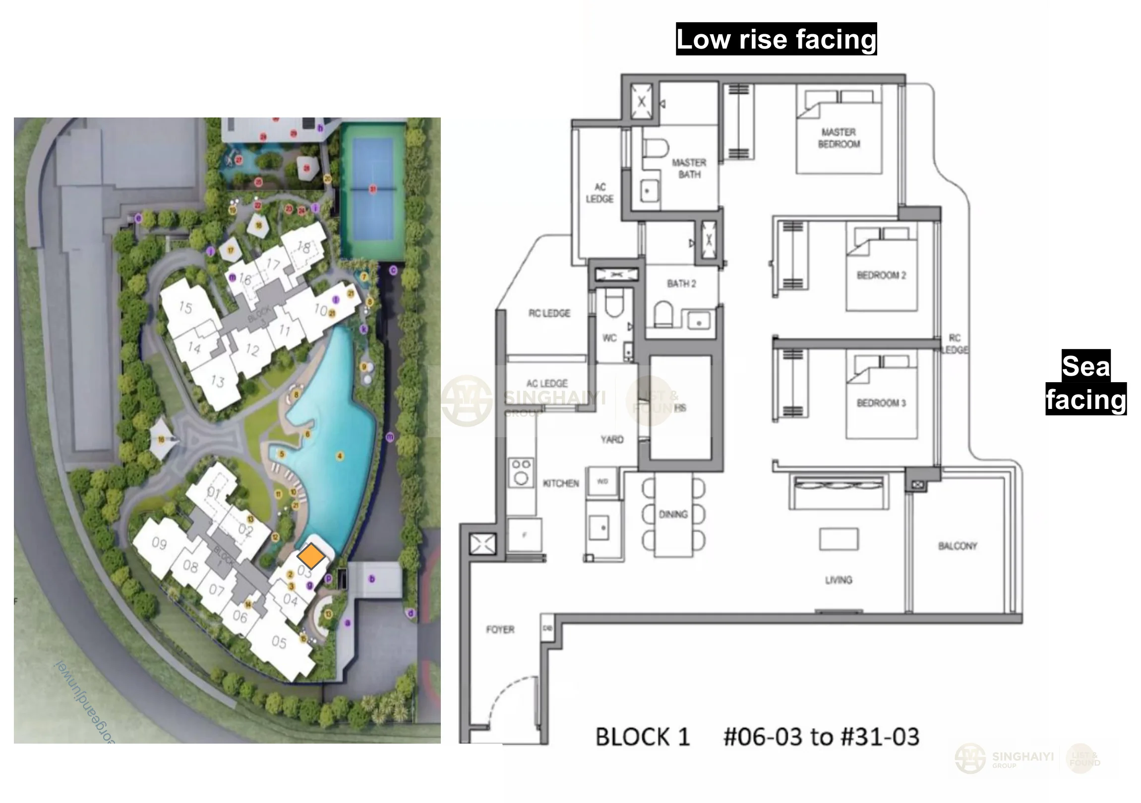 3 Bedroom Premium floor plan — Stack 03, Block 1, low-rise and sea dual facing — 1,033 sqft