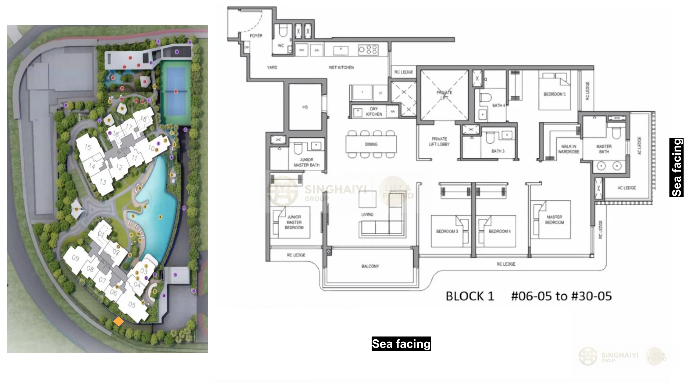 5 Bedroom Premium floor plan — Stack 05, Block 1, dual sea-facing with private lift lobby — 1,582 sqft