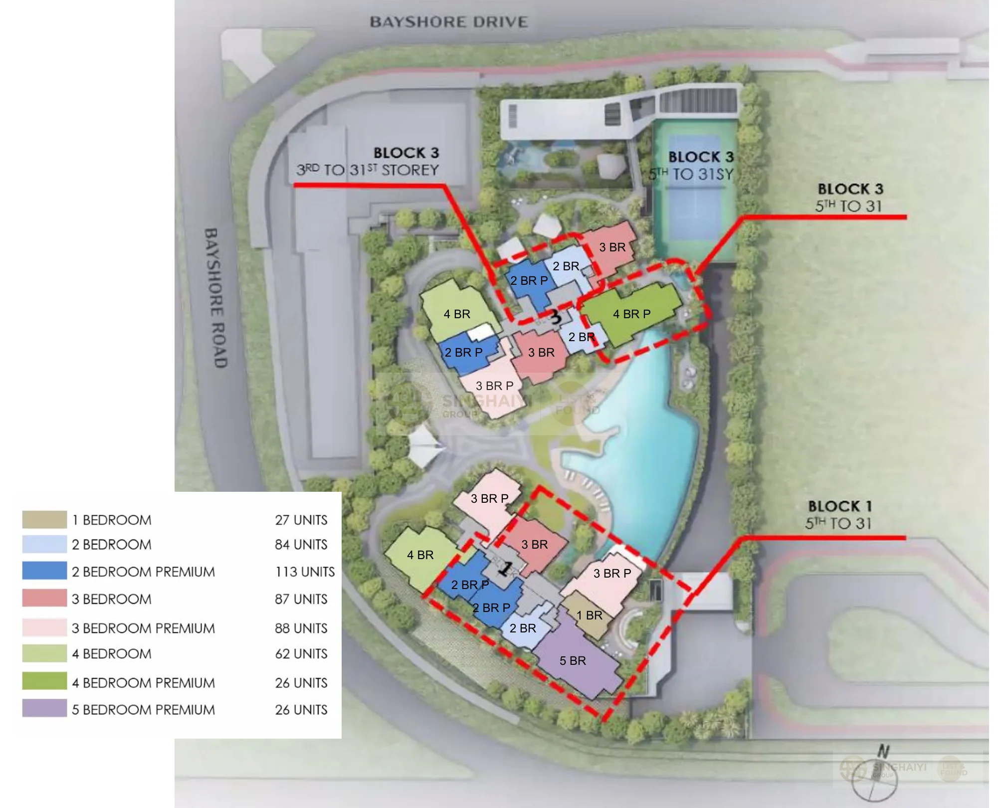 Color-coded unit mix site plan showing bedroom type distribution across Block 1 and Block 3